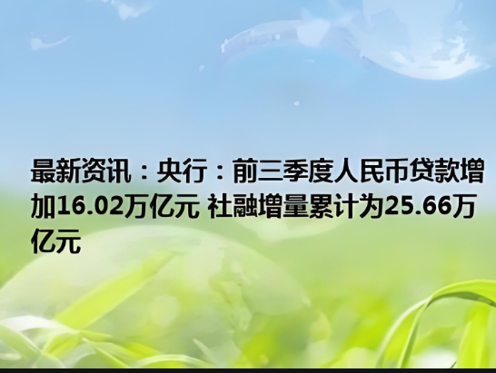 前三季度，我國人民幣貸款增加16.02萬億元，社會融資規(guī)模增量累計為25.66萬億元